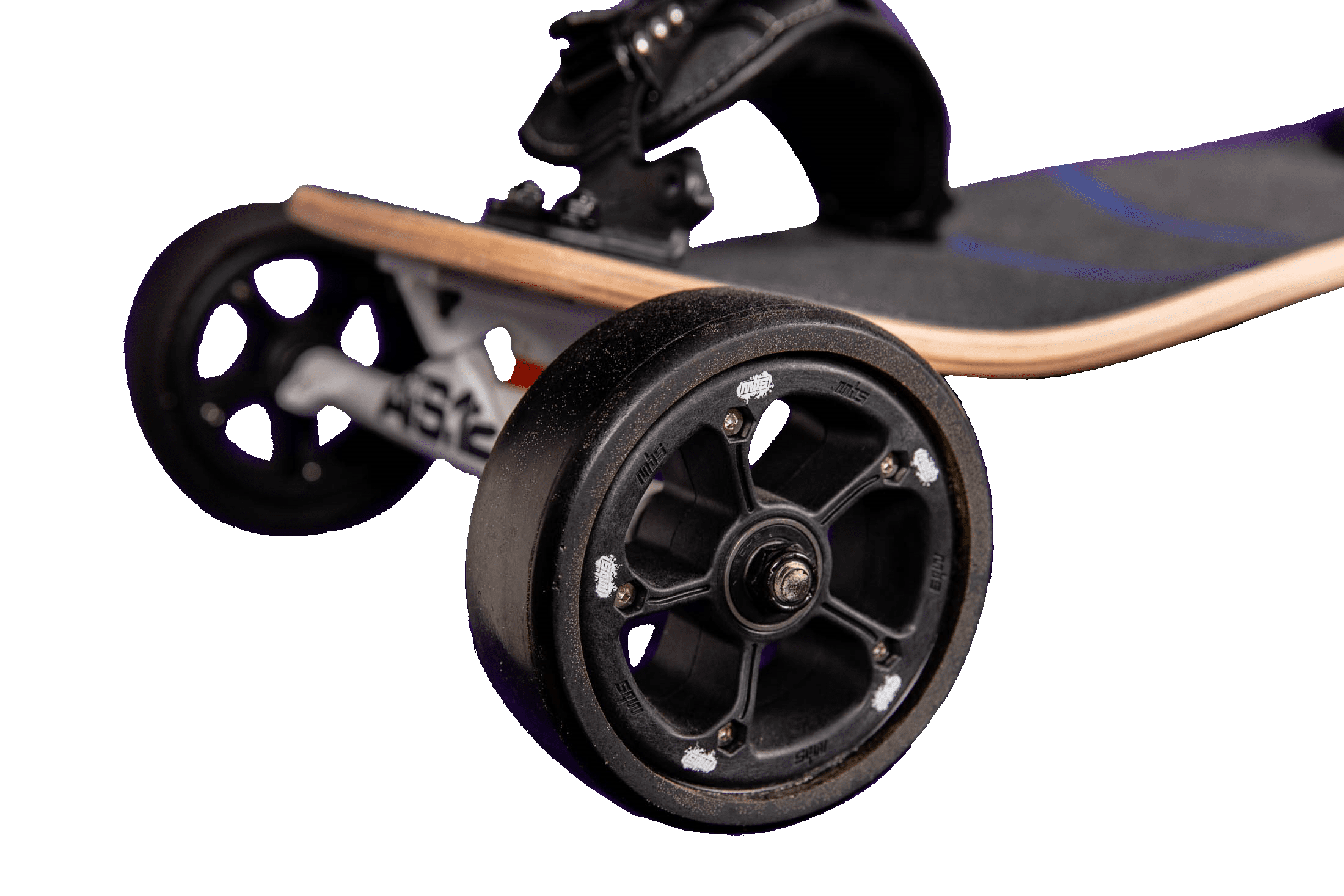 Close-up of a skateboard wheel and deck.