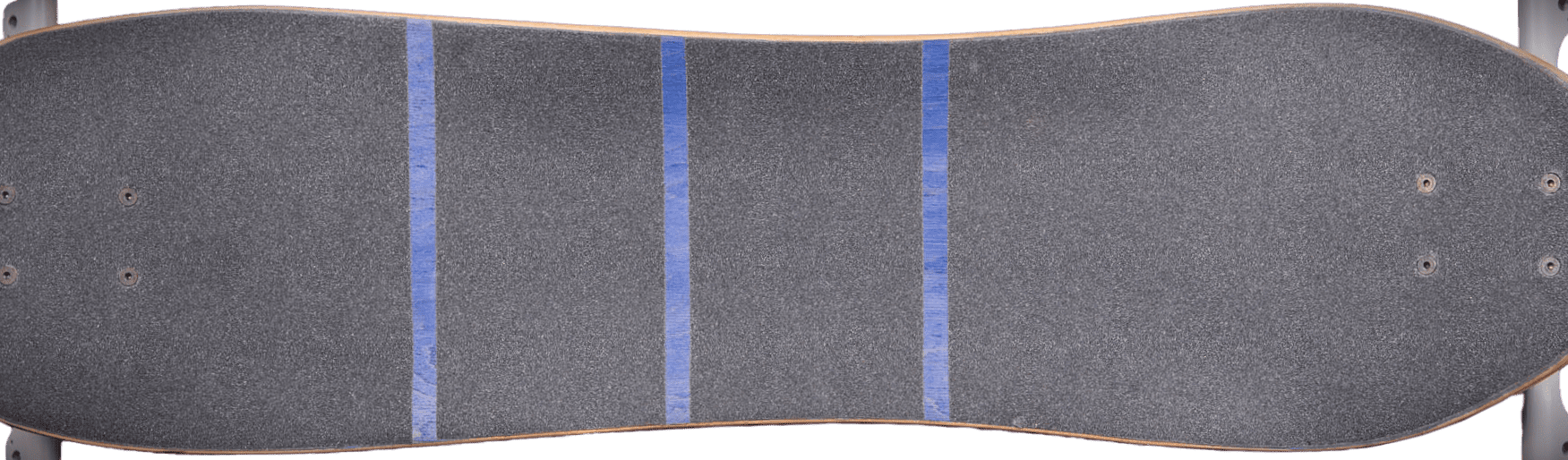 Skateboard deck with blue grip tape strips.