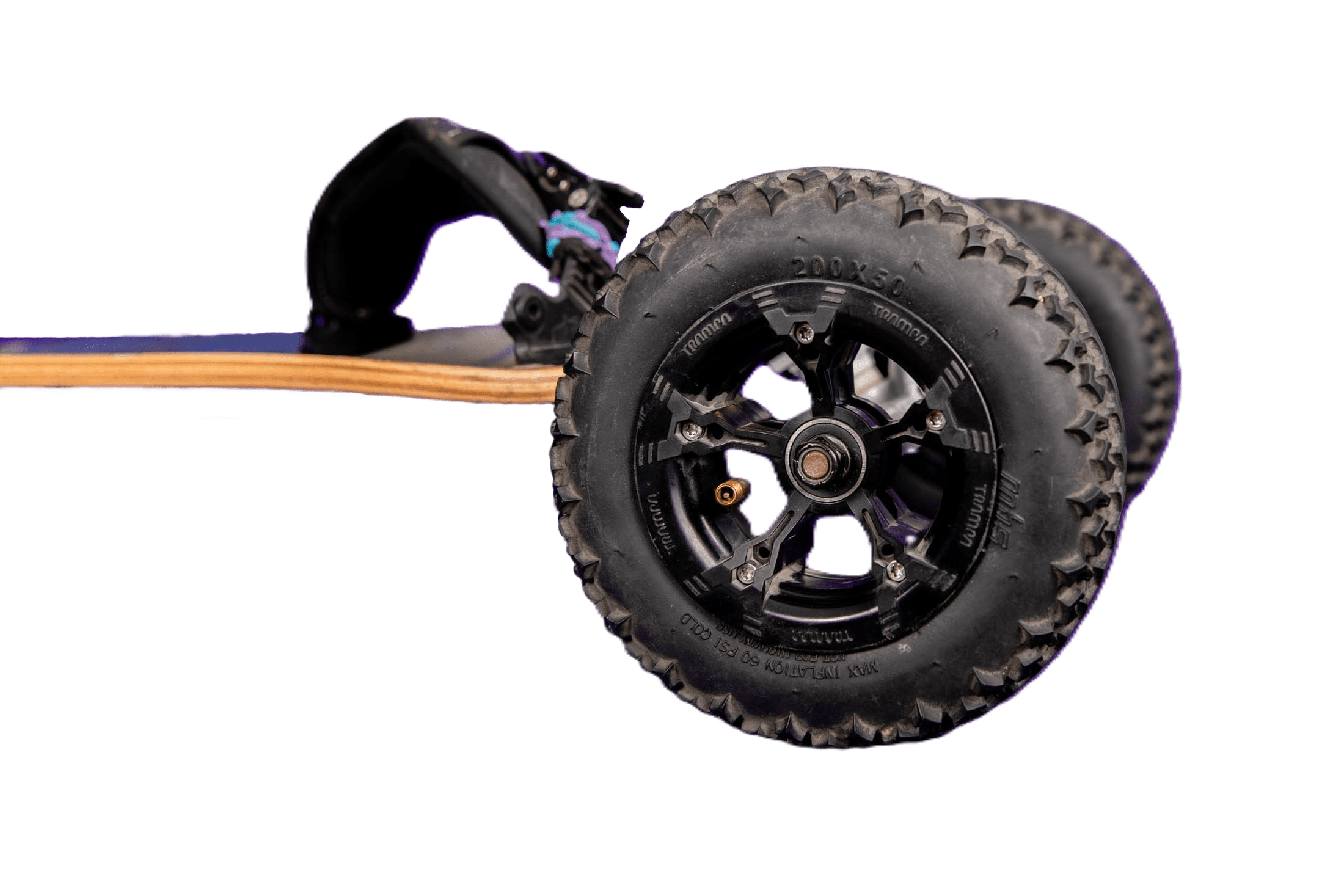 All-terrain skateboard wheels on black background.