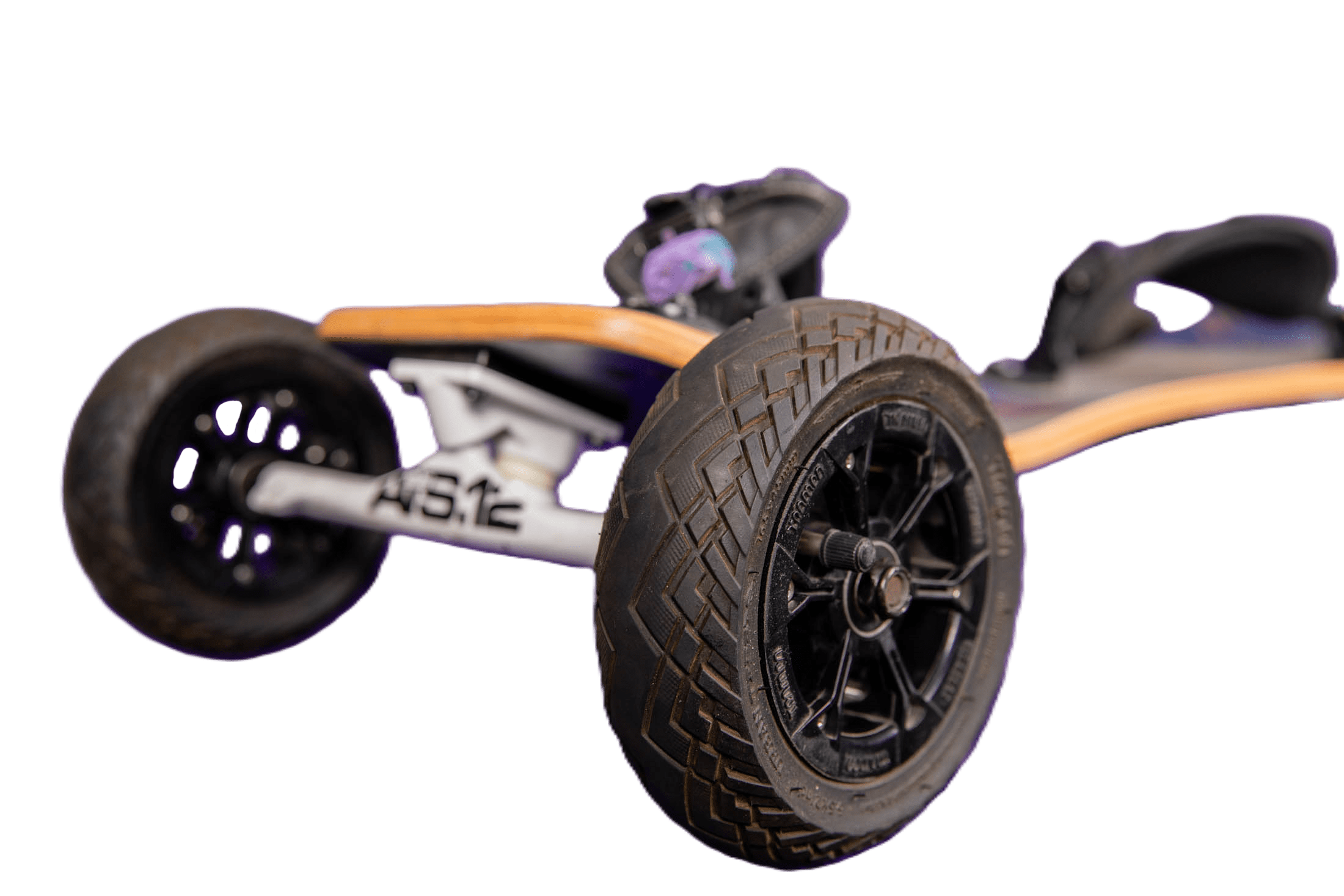 All-terrain skateboard with large wheels, close-up.